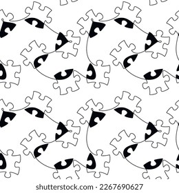 Abstract outline puzzle pieces vector seamless pattern. One line continuous backdrop illustration. Wallpaper, graphic background, fabric, textile, print, wrapping paper, package design.