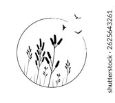 Abstract Outline Round Frame With Bird Flowers Plants Botanical Flower Bruch Nature Doodle Outline Vector Design Style