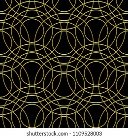 Abstract outline round seamless pattern. Retro black and gold wallpaper, repeat background, vintage textile print.