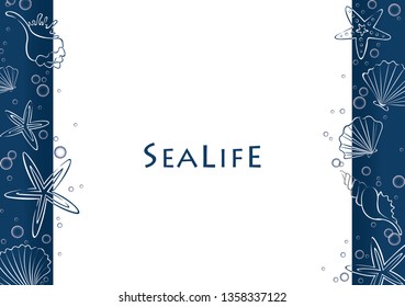 Abstract outline sea shell and star fish border on navy blue background vector for decoration on summer or beach party advertising design.