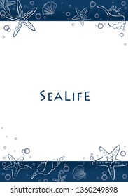 Abstract outline sea shell and star fish border on navy blue background vector for decoration on summer or beach party advertising design.