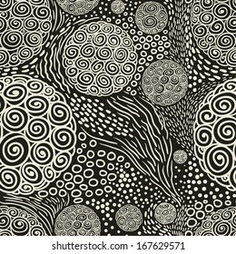 abstract outline seamless pattern with circles, waves and blots