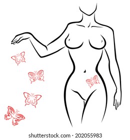 Abstract outline of a sexy woman body with red butterflies, hand drawing sketching vector artwork