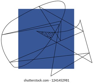 Abstract outline shapes composition on a blue square and white medium background