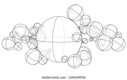 Abstract outline spheres concept. Vector rendering of 3d. Wire-frame style. The layers of visible and invisible lines are separated