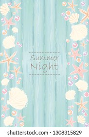 Abstract outline starfish, seashell and candy pearl frame on blue wood wall background vector for decoration on summer events, wedding invitation card and Christmas summer.