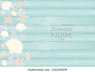 Abstract outline starfish, seashell and candy pearl frame on blue wood wall background vector for decoration on summer events, wedding invitation card and Christmas summer.