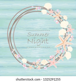 Abstract Outline Starfish, Seashell And Candy Pearl Wreath On Blue Wood Wall Background Vector For Decoration On Summer Events, Wedding Invitation Card And Christmas Summer.