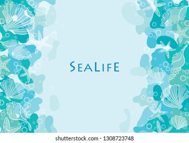 Abstract outline starfish and seashell on ocean blue free form shape background vector for decoration on summer beach party events. 
