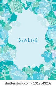 Abstract outline starfish and seashell on ocean blue free form shape background vector for decoration on summer beach party events. 