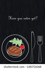 Abstract outline steak on dish with knife and fork on blackboard background vector for decoration.