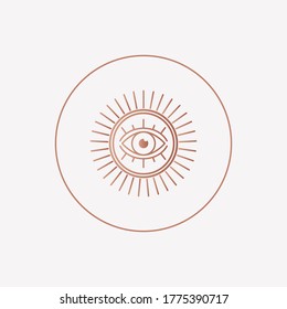 Abstract outline Sun or moon with Eye. Minimalistic round Icon. Astrology esoteric mystic concept. Elegant geometric design. Trendy Vector illustration. Pink gold style. Simple design. Logo template