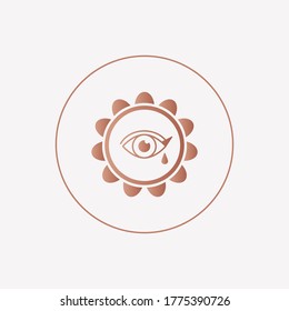 Abstract outline Sun or moon with Eye. Minimalistic round Icon. Astrology esoteric mystic concept. Elegant geometric design. Trendy Vector illustration. Pink gold style. Simple design. Logo template