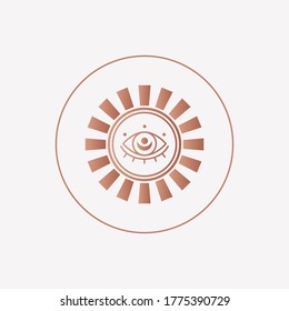 Resumen del contorno Sol o Luna con Ojo. Icono redondo minimalista. Concepto místico esotérico de astrología. Elegante diseño geométrico. Ilustración de moda vectorial. Estilo dorado rosado. Diseño sencillo. Plantilla de logotipo