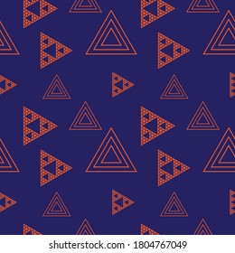 Abstract Outline Triangles Shape Ornament. Retro Triangular Geometric Seamless Pattern Design Template. Dark Blue and Orange Color Theme.