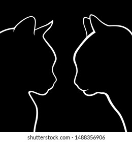 Abstract outline two cat muzzles  black stencil the white background  vector hand drawing