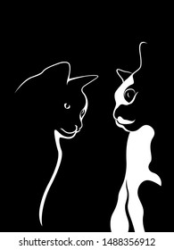 Abstract outline of two cats, black stencil on the white background, vector hand drawing