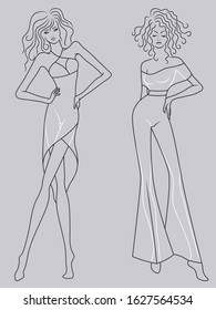 Abstract outline of two graceful and stylish ladies in fashionable clothes isolated on the muted blue gray background