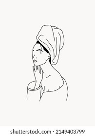 Abstract outline woman portrait after shower in head towel. Line art trendy woman silhouette for t-shirt design, poster, print, beauty salon, skin care design, banner, tattoo, logo.