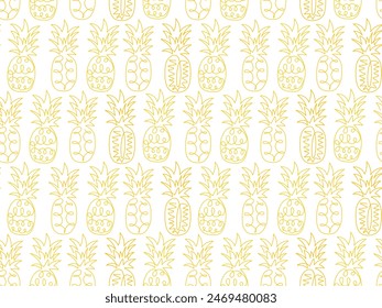 Abstract outline yellow Pineapple seamless pattern. Exotic fruit in doodle style. Summer funny background. Pattern with ananas for cover, wallpaper, packaging, print