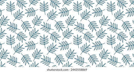 Abstracto delineado azul verano Hojas Patrón sin costuras. Pincel dibujado a mano pintó plantas. Siluetas de follaje vectorial. Adorno orgánico natural para textil. Diseño sin fin de primavera botánica.