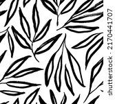 Abstract outlined leaves and branches seamless pattern. Hand drawn black brush painted plants. Vector foliage silhouettes. Natural organic ornament with black branches. Botanical seamless background 