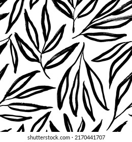 Abstract outlined leaves and branches seamless pattern. Hand drawn black brush painted plants. Vector foliage silhouettes. Natural organic ornament with black branches. Botanical seamless background 