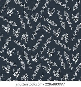 Resumen de hojas delineadas y ramas sin fisuras. Plantas pintadas a mano con pincel negro. Siluetas de follaje vectorial. Ornamento orgánico natural con ramas negras. Fondo sin soldadura botánica