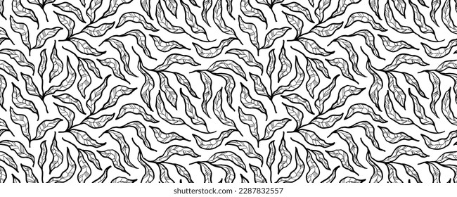 Abstract outlined leaves and branches seamless pattern. Vector exotic foliage drawn with thin brush. Botanical seamless banner with stylized leaves with veins. Tropical black and white ornament.