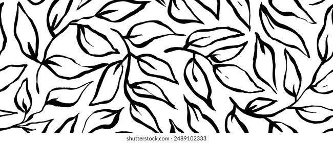 Abstract outlined leaves and branches seamless pattern. Hand drawn black brush painted plants. Botanical seamless background. Organic nature symbol texture print. Doodle leaves wallpaper.