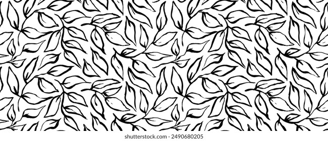 Abstract outlined leaves and branches seamless pattern. Hand drawn black brush painted plants. Botanical seamless background. Organic nature symbol texture print. Doodle leaves wallpaper.