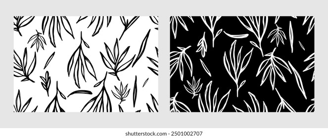 Abstract outlined leaves and branches seamless pattern. Hand drawn black brush painted plants. Vector foliage silhouettes. Natural organic ornament with black branches. Botanical seamless background