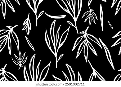 Hojas Abstractas delineadas y ramas sin patrón. Plantas pintadas con pincel negro dibujadas a mano. Siluetas de follaje de Vector. Ornamento orgánico natural con ramas negras. Fondo botánico sin fisuras