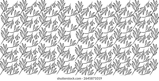 Hojas Abstractas delineadas y ramas sin patrón. Plantas pintadas con pincel negro dibujadas a mano. Siluetas de follaje de Vector. Ornamento orgánico natural con ramas negras. Fondo botánico sin fisuras
