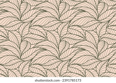 Abstract outlined leaves seamless pattern. Tea or banana leaf line art. Hand drawn outline design for fabric , print, cover, banner and invitation. Luxury minimal style wallpaper with botanical leaves