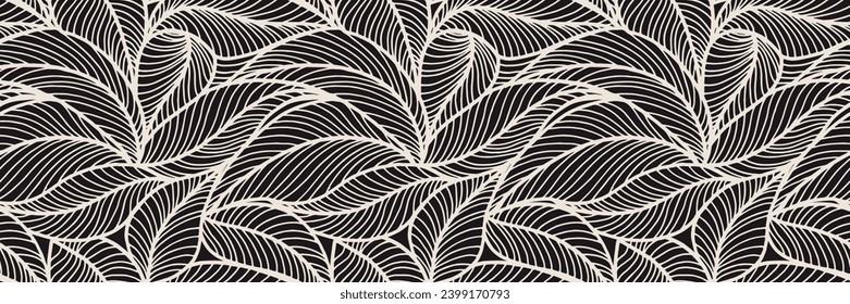 Abstract outlined leaves seamless pattern. Tea or banana leaf line art. Hand drawn outline design for fabric , print, cover, banner and invitation. Luxury minimal style wallpaper with botanical leaves