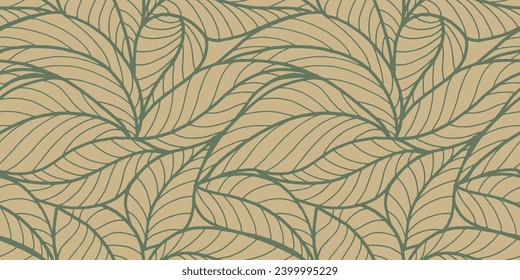 Abstract outlined leaves seamless pattern. Tea or banana leaf line art. Hand drawn outline design for fabric , print, cover, banner and invitation. Luxury minimal style wallpaper with botanical leaves