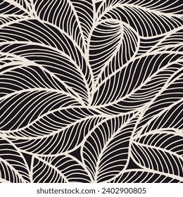 Abstract outlined leaves seamless pattern. Tea or banana leaf line art. Hand drawn outline design for fabric , print, cover, banner and invitation. Luxury minimal style wallpaper with botanical leaves