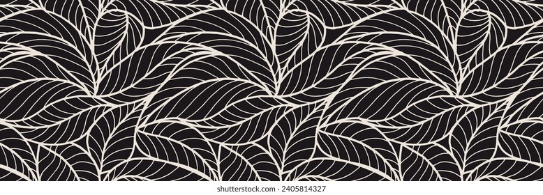 Abstract outlined leaves seamless pattern. Tea or banana leaf line art. Hand drawn outline design for fabric , print, cover, banner and invitation. Luxury minimal style wallpaper with botanical leaves