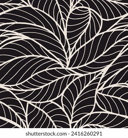Abstract outlined leaves seamless pattern. Tea or banana leaf line art. Hand drawn outline design for fabric , print, cover, banner and invitation. Luxury minimal style wallpaper with botanical leaves