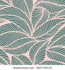 Abstract outlined leaves seamless pattern. Tea or banana leaf line art. Hand drawn outline design for fabric , print, cover, banner and invitation. Luxury minimal style wallpaper with botanical leaves