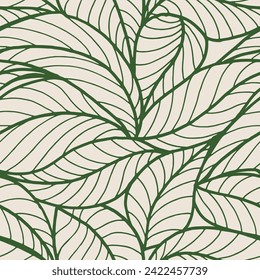Abstract outlined leaves seamless pattern. Tea or banana leaf line art. Hand drawn outline design for fabric , print, cover, banner and invitation. Luxury minimal style wallpaper with botanical leaves
