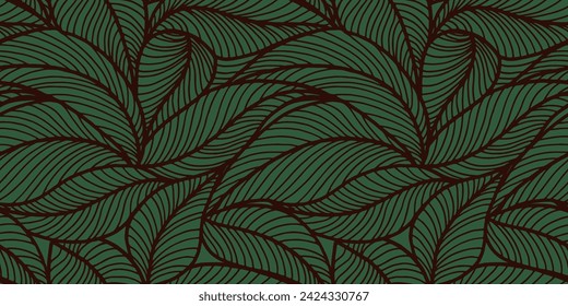 Abstract outlined leaves seamless pattern. Tea or banana leaf line art. Hand drawn outline design for fabric , print, cover, banner and invitation. Luxury minimal style wallpaper with botanical leaves