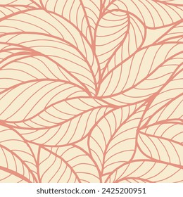 Abstract outlined leaves seamless pattern. Tea or banana leaf line art. Hand drawn outline design for fabric , print, cover, banner and invitation. Luxury minimal style wallpaper with botanical leaves