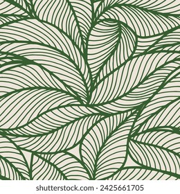 Abstract outlined leaves seamless pattern. Tea or banana leaf line art. Hand drawn outline design for fabric , print, cover, banner and invitation. Luxury minimal style wallpaper with botanical leaves