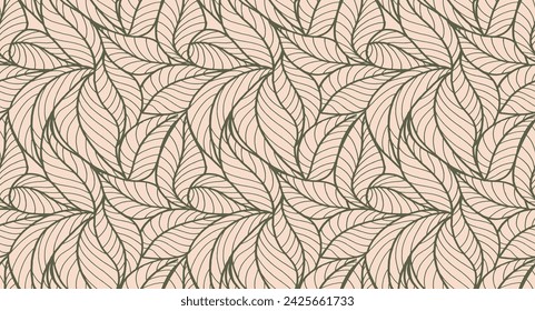 Abstract outlined leaves seamless pattern. Tea or banana leaf line art. Hand drawn outline design for fabric , print, cover, banner and invitation. Luxury minimal style wallpaper with botanical leaves