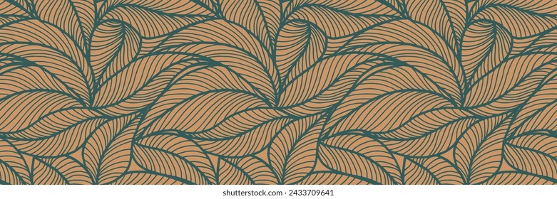 Abstract outlined leaves seamless pattern. Tea or banana leaf line art. Hand drawn outline design for fabric , print, cover, banner and invitation. Luxury minimal style wallpaper with botanical leaves