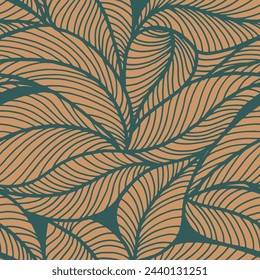 Abstract outlined leaves seamless pattern. Tea or banana leaf line art. Hand drawn outline design for fabric , print, cover, banner and invitation. Luxury minimal style wallpaper with botanical leaves