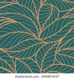 Abstract outlined leaves seamless pattern. Tea or banana leaf line art. Hand drawn outline design for fabric , print, cover, banner and invitation. Luxury minimal style wallpaper with botanical leaves