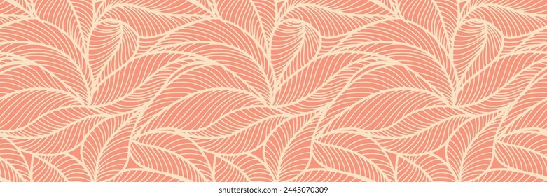 Abstrakte umrissene Blätter nahtloses Muster. Tee- oder Bananenblattlinienkunst. Handgezeichnete Umrissgestaltung für Stoff, Druck, Bezug, Banner und Einladung. Luxuriöser Minimal Style Bildschirmhintergrund mit botanischen Blättern